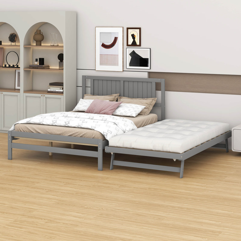 Structure de lit double avec tête de lit, lit double en bois avec lit gigogne réglable, Gris