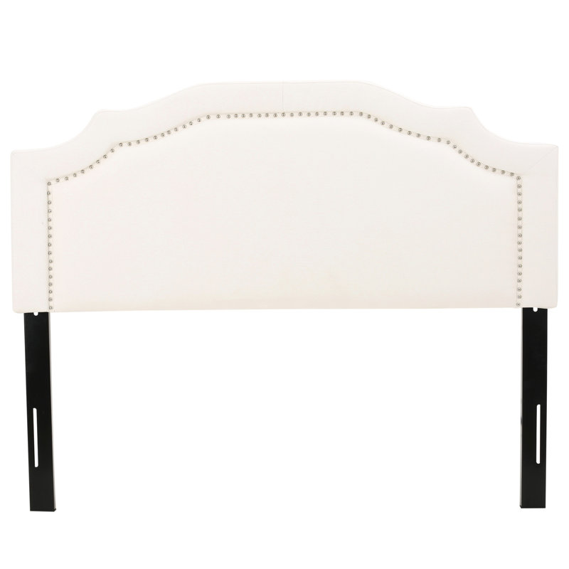Headboard For Queen And Full Beds, Fabric Upholstered With Stable Button Accents Black Iron Elegant & Textured Legs
