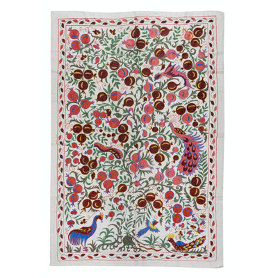 59x85 in Pomegranate Tree Design Crochet Silk Wall Hanging. Embroidered Suzani Bedspread. Table Cover. Handmade Tapestry