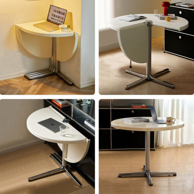 Modern Minimalist 4-Panel Foldable Round Dining Table, Space-Saving Convertible Desk with Aluminum Alloy Base, 37.4" Extendable Table for Small Apartments, Home Office & Cafe