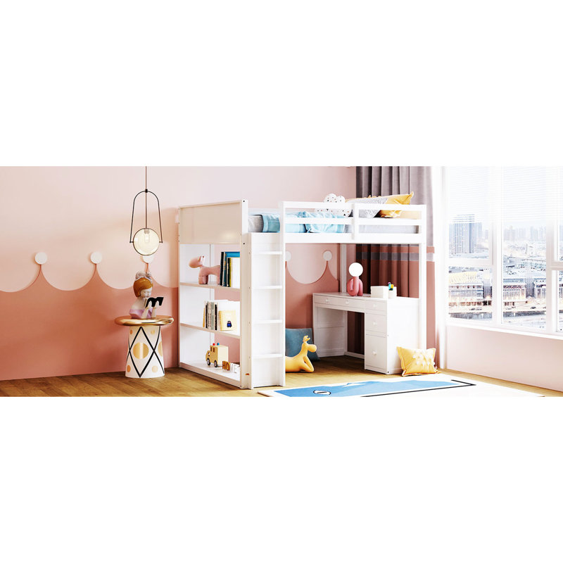 Lit mezzanine double pleine grandeur avec bureau et tablettes - Profitez d'une expérience de chambre à coucher confortable, de tablettes et de pièces fonctionnelles en bois massif sans assemblage requis 60 minutes d'assemblage requis