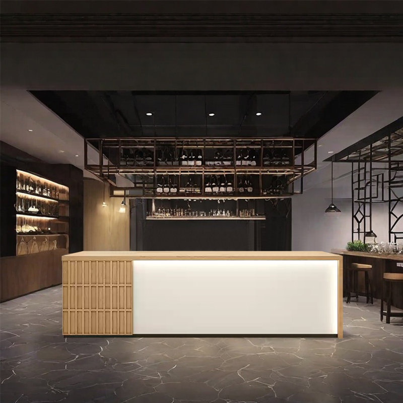 Large Rectangular Bar Counter，Rustic Reception Desk, Burlywood/White