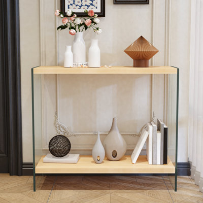 Rectangular Tempered Glass Console Table Entryway Storage Table With Wood-toned Mdf Top And Storage Shelf For Hallway, Living Room, Foyer, Apartment, Office