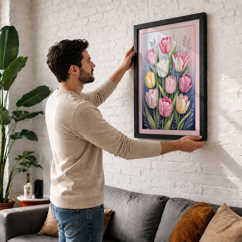 Tulips in Soft Bloom Botanical - Framed Print, A2 - 59.4 x 42.0 cm, Oak