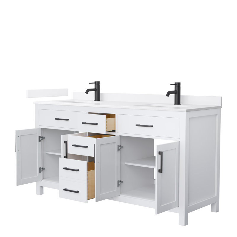 Beckett 66" Freestanding Double Bathroom Vanity with Quartz Top, White, Matte Black, White Quartz
