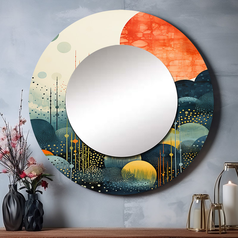 Sarayah bleu Mid Century Abstract Landscape - miroir mural moderne de style Mid-Century, miroir décoratif rond bleu, impression d'art en métal