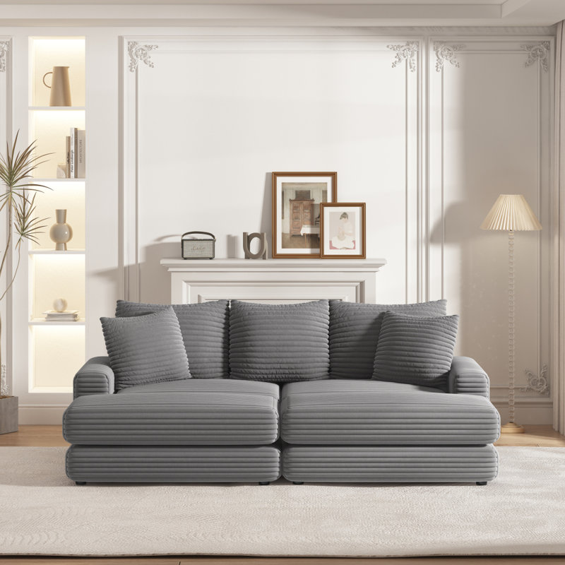 Gray Corduroy Sectional Sofa with Ottoman and Pillows