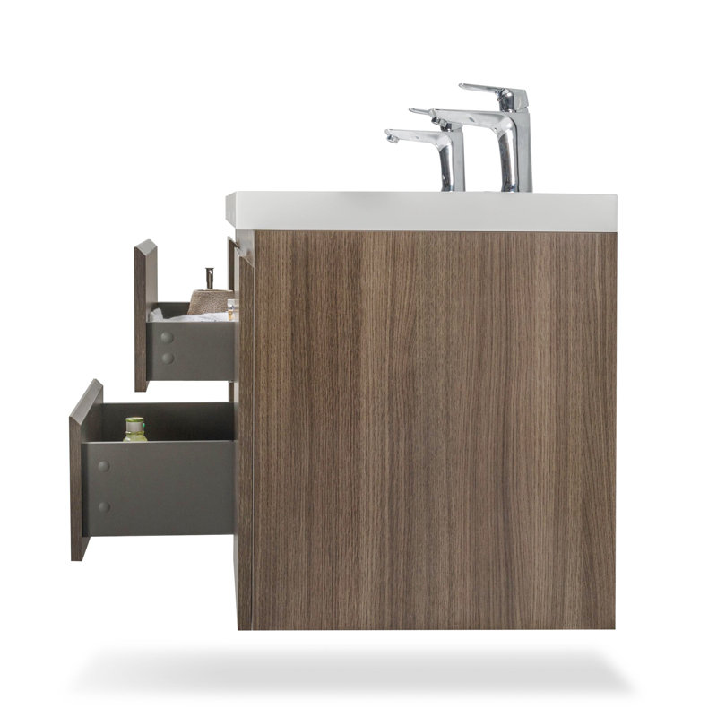 Carol-Ann 59'' Fully Assembled Wall Mounted Double Bathroom Vanity with Stone Resin Vanity Top, Ash Grey, White