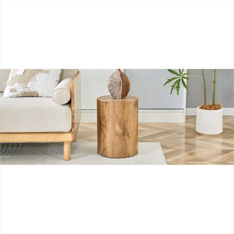 Table basse cylindrique avec finition grain de bois pour le salon, panneau de fibres à densité moyenne, hauteur de 15,7 pouces, style industriel