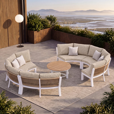 Ensemble de conversation de patio en aluminium demi-lune pour 5 personnes avec coussins et table basse