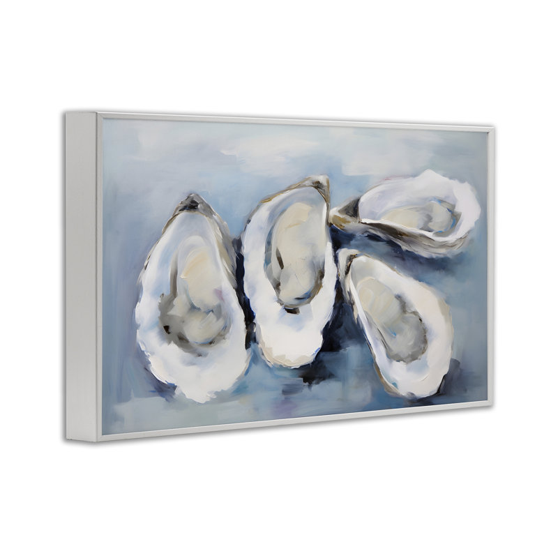 «Four Oysters Impression Giclee» par Petal Prints Design, Estampe numérique encadrée blanc bord de mer, H 16 po x l 24 po