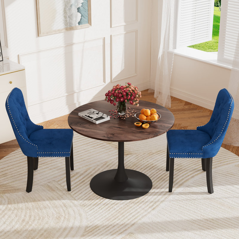 Round Pedestal Dining Set with 2 chairs, Brown/Black, Blue
