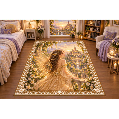 Tapis « Ultra Fin » 152 x 213 cm (5 pi x 7 pi) Princesse dans un jardin de château Enchanté pour chambre, salon et bureau à domicile, tapis doux à poils courts avec envers antidérapant en silicone
