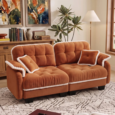  70" Chenille Modern Loveseat Sofa, Modular Sectional Cloud Couch with Armrest Pillow & Back Cushion, Tufted Design & Pom-Pom Trim Quilted, Deep Seat Couches for Living Room, Bedroom, Small Spaces