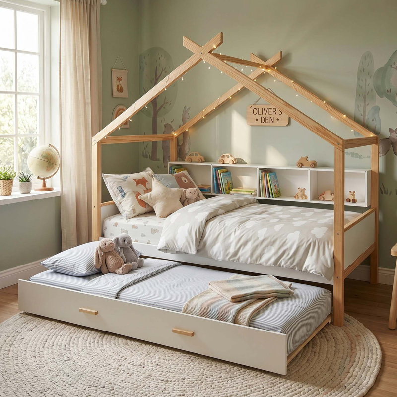 Lit fonctionnel en bois avec lit gigogne escamotable et bibliothèque intégrée, Lit simple