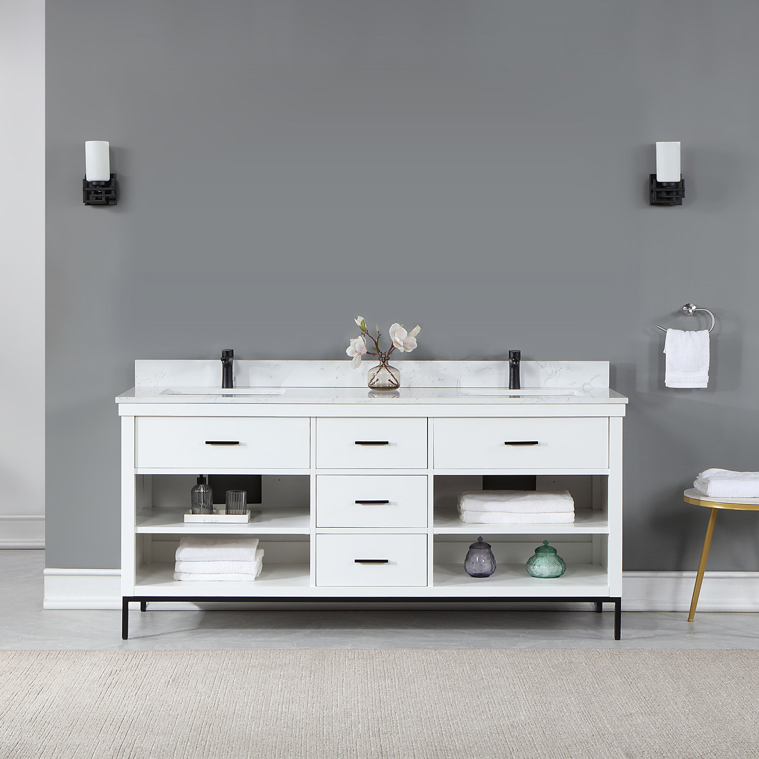 Adaire 72'' Double Bathroom Vanity, Matte Black, White