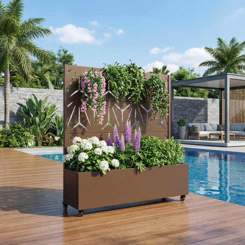 Boîte à fleurs en métal avec treillis et roues, H 47 po x l 47 po x P 16 po, Brun
