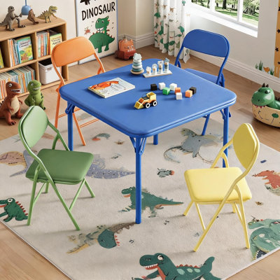 3-Piece Kids Folding Table and Chairs Set, Padded Toddler Activity Table with Thicken PU Top, No Assembly Steel Frame, Space Saving for Playroom, Bedroom, Colorful