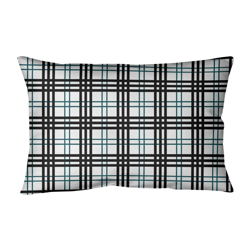 Plaid Reversible Throw Pillow, White/Midnight Green/Black, Leather/Suede
