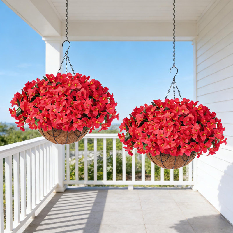 Ensemble de 2 paniers suspendus muraux semi-ronds en fibre de coco artificielle Bougainvillea pour l'intérieur et l'extérieur