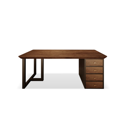 Nut-brown + Black Rectangular Solid Wood + Iron with 4 drawers desk