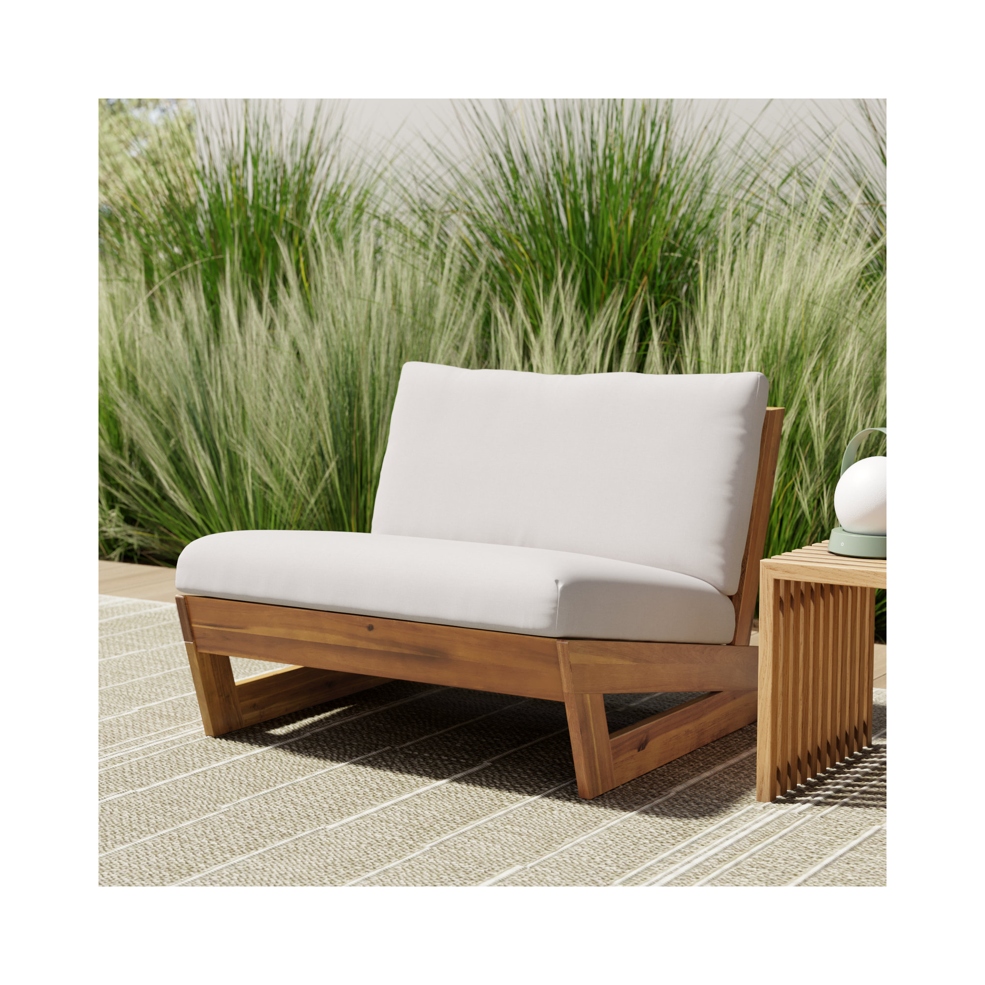 Louise Acacia Outdoor Armless Lounge Chair, Teak Frame/White Cushion