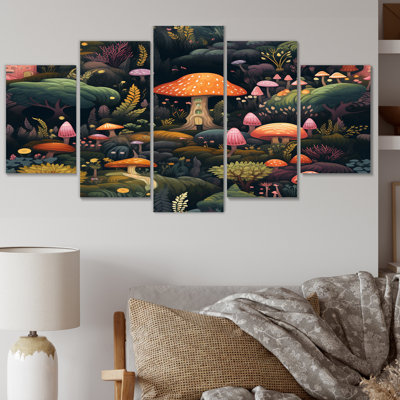 Magical Mushroom Enchanted Forest - Art mural de salon champignon - 5 panneaux