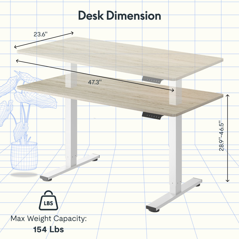 Bureau de travail debout à hauteur ajustable ergonomique avec crochets, H 46,5 po x l 47,3 po x P 23,6 po, Brun clair / jaune