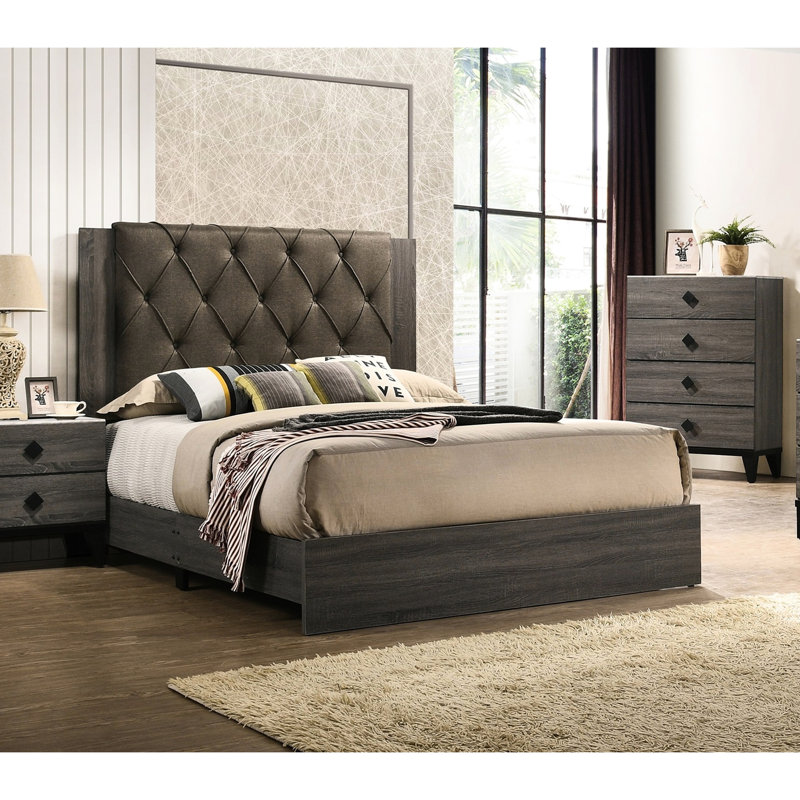Lit de chambre à coucher moderne, tête de lit, lit à cadre en bois massif avec abat-jour, Gris, Grand lit