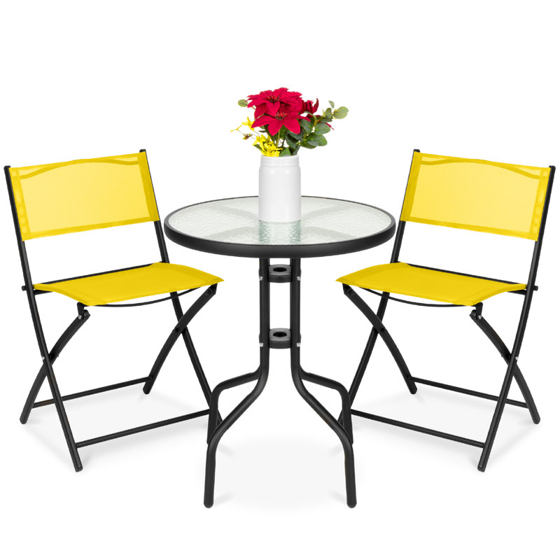  3-Piece Patio Bistro Dining Furniture Set W/ Glass Tabletop, Folding Chairs, Yellow