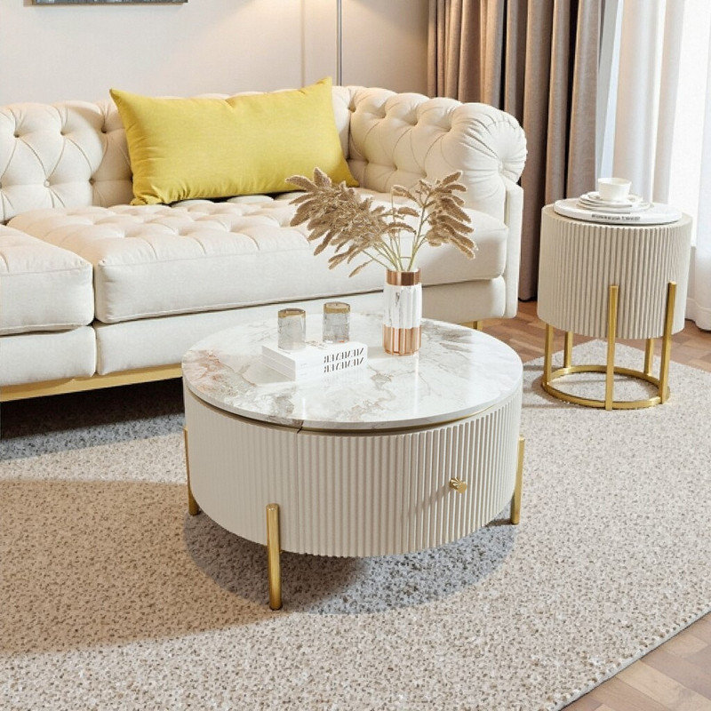 Table basse ronde de 31,5 po avec 2 grands tiroirs, plateau en panneau de fibres à densité moyenne et base en métal pour le rangement du salon