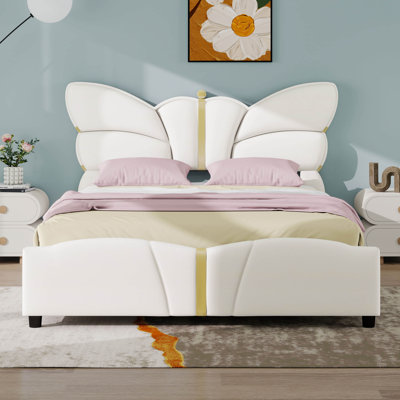 Lit double avec tête de lit et pied de lit papillon, lit plateforme tapissier en similicuir avec décor en métal doré