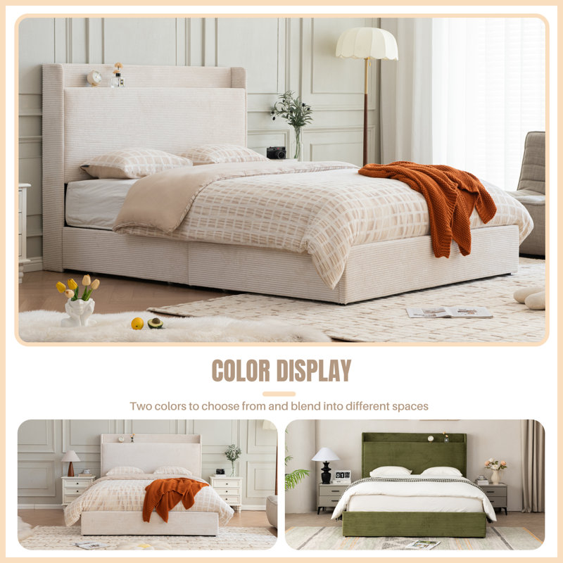 Sittard Upholstered Storage Platform Bed, Cream, Full