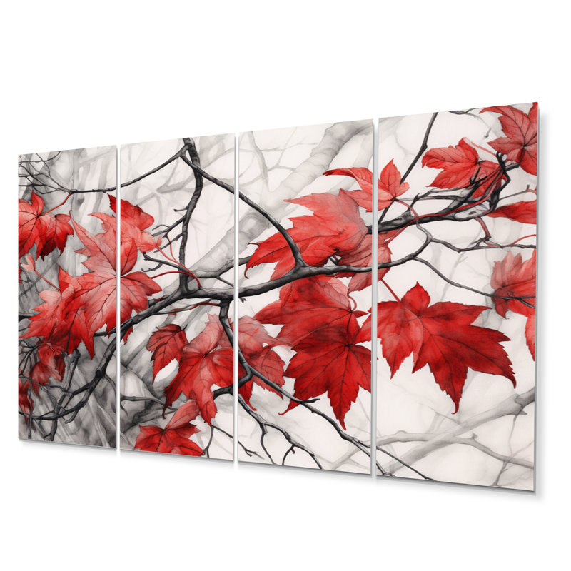 Feuilles rouges et grises rouges sur un arbre - ensemble de reproductions d'art murales florales en métal