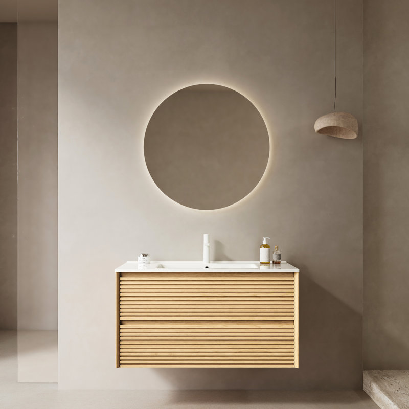 Meuble-lavabo de 30 po avec lavabo, lavabo mural en contreplaqué, cuve en céramique, grain de chêne, rangement de tiroir, armoire pré-assemblée, fonction