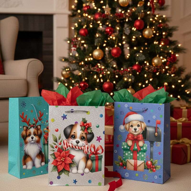 Sacs-cadeaux de Noël pour chiens festifs, grand format assorti - Paquet de 12, H 12,5 po x l 4,75 po x P 10 po