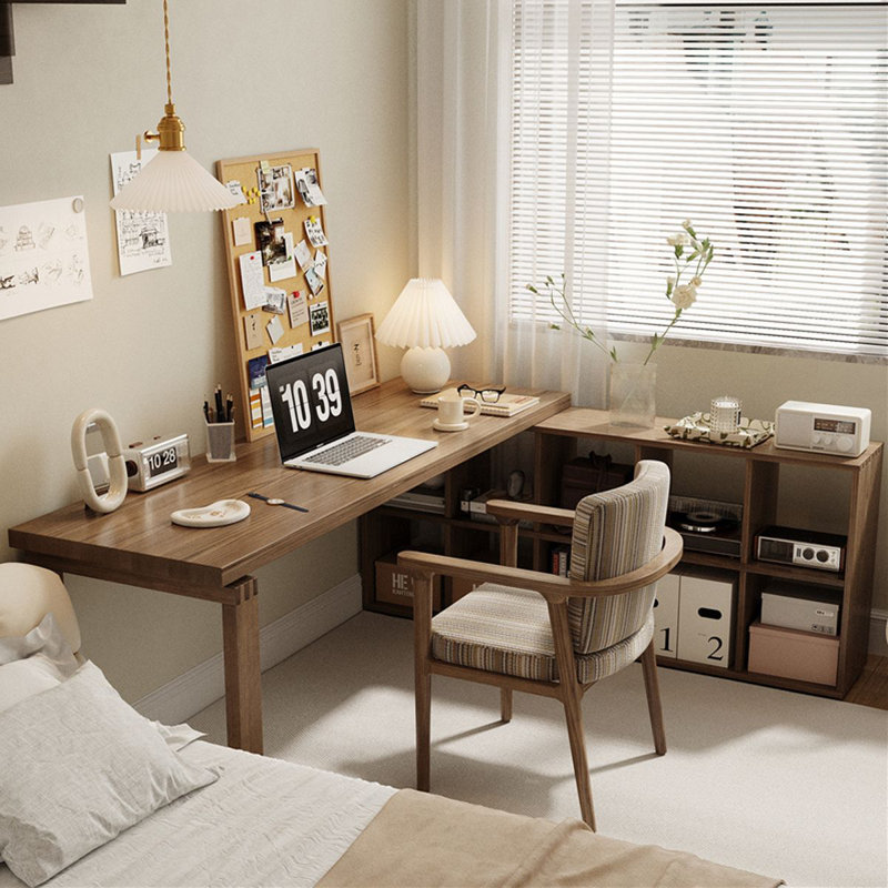 Bureau en bois de noyer clair en forme de L 62,99 po, H 29,53 po x l 86,61 po x P 68,9 po