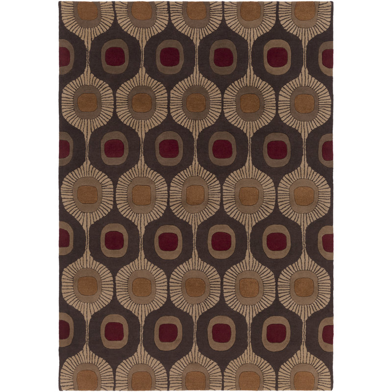 Tapis en laine brun foncé en laine à motif géométrique touffeté à la main Anly, Rectangle 5 pi x 8 pi