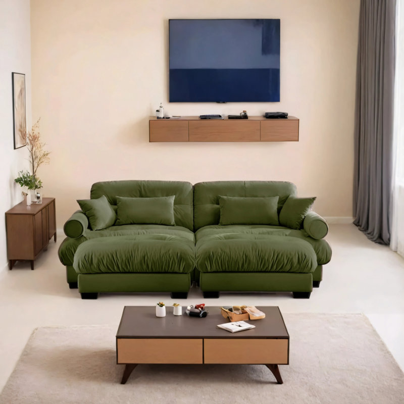 Canapé double surdimensionné en velours moderne avec accoudoirs rembourrés ronds et repose-pieds avec coussins lombaires et coussins décoratifs