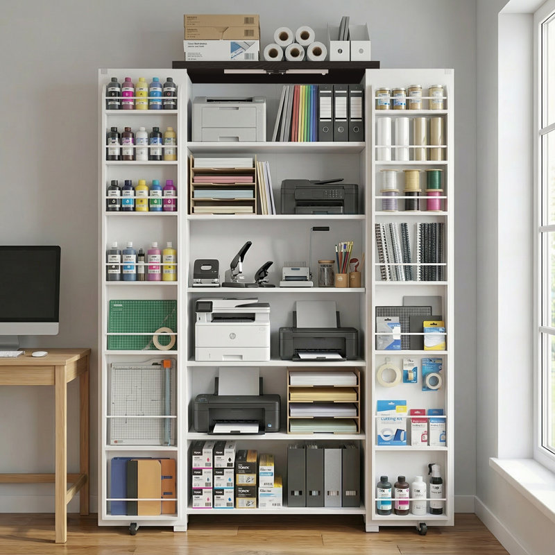 Armoire de rangement d'artisanat Kuehl de 72 po avec lumières DEL et tablettes réglables, chariot polyvalent compatible avec une machine Cricut, organisateur de rangement Scrapbooking Craft