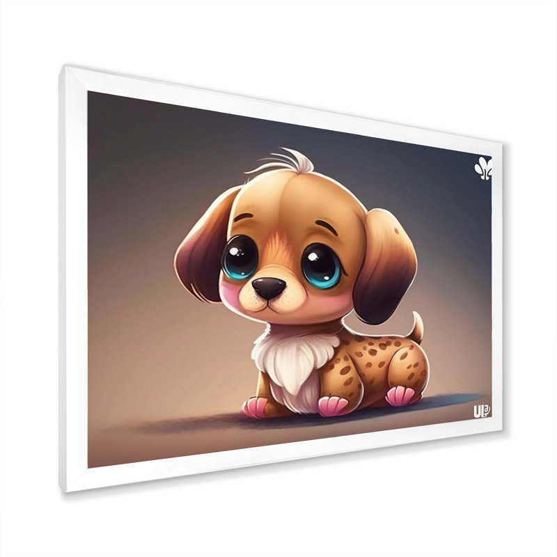 Mignon teckel d'anime sur toile, Cadre simple blanc, H 24 po x l 32 po x P 1 po