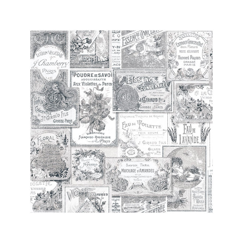 Nostalgie Perfume Labels Wallpaper Roll, Black