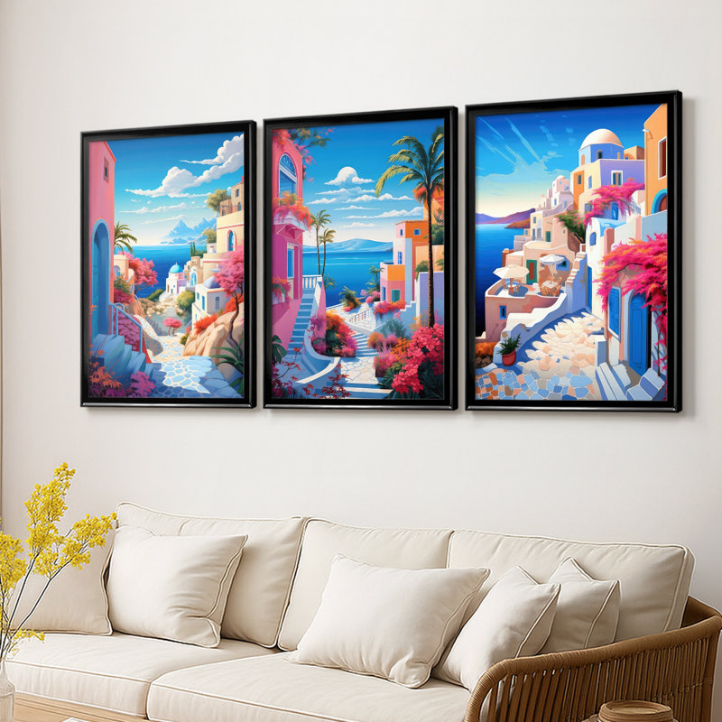 Steppingstones To the Sea I  -Custom Framed  Wrapped Gallery Canvas - 3 Pieces, Black, 21" H x 30" W