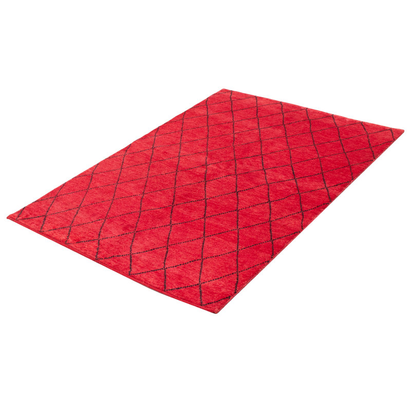 Tapis rouge / noir en laine noué à la main à motif géométrique 5 pi x 8 pi Aracelio