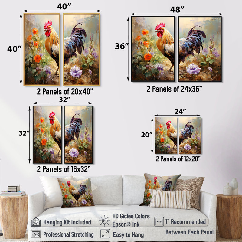 «Red Melody Roosters Flower Gardens - Large Rooster», art mural, Noir, noir, noir, noir, H 36 po x l 48 po