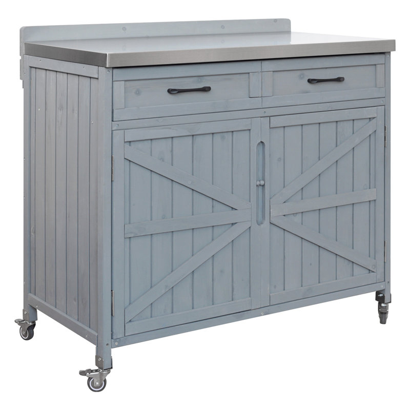 Îlot de cuisine 39,4 po avec plateau en acier inoxydable pour l'extérieur, Gris
