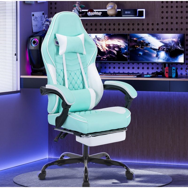 Ergonomic Massage Gaming Chair - Racing Style with Lumbar Support, Footrest & Adjustable Headrest for Adults, Green/White