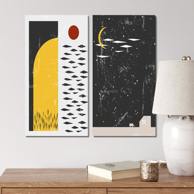 Motif géométrique abstrait japonais en couleurs rétro I - ensemble de 2 peintures
