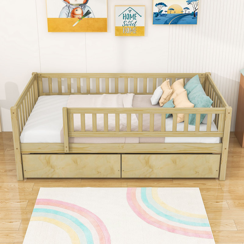 Twin Size 2 Drawers Wooden Daybed with Fence, Natural