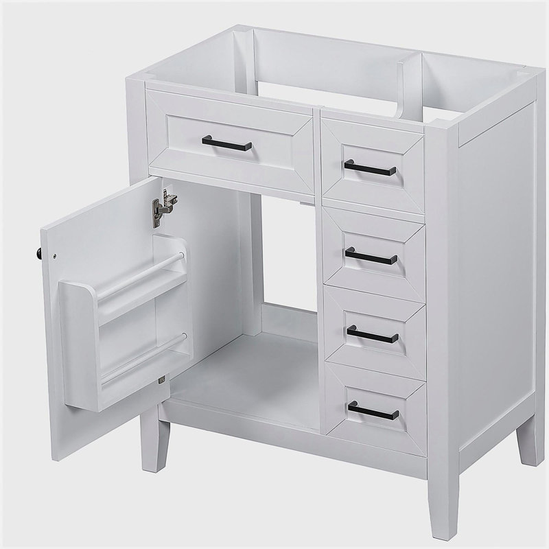 Meuble-lavabo de salle de bain sans comptoir 30 po, avec base et tiroir, cadre en bois massif et panneau de fibres à densité moyenne, blanc